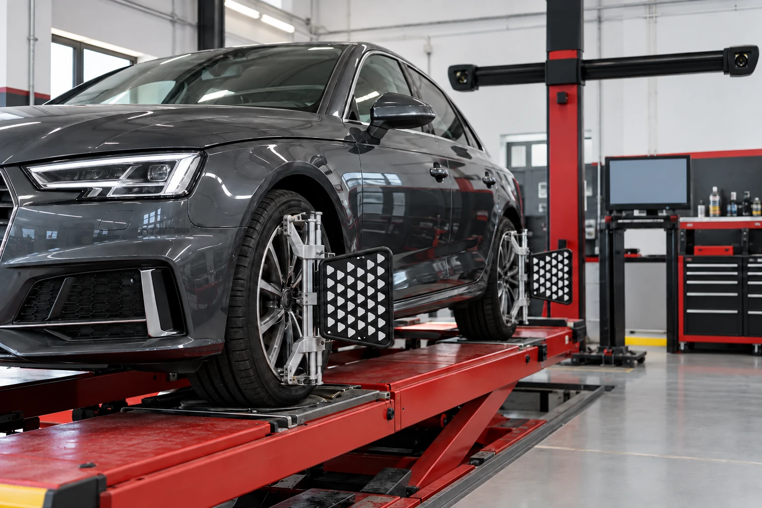 Ținte de geometrie 3D montate pe roțile autoturismului